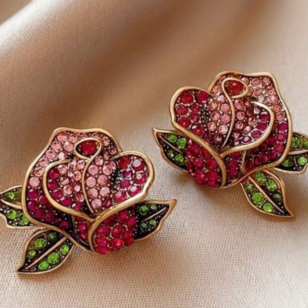 Crystal Rose Floral Stud Earrings 24k Gold Plated Pink & Green new